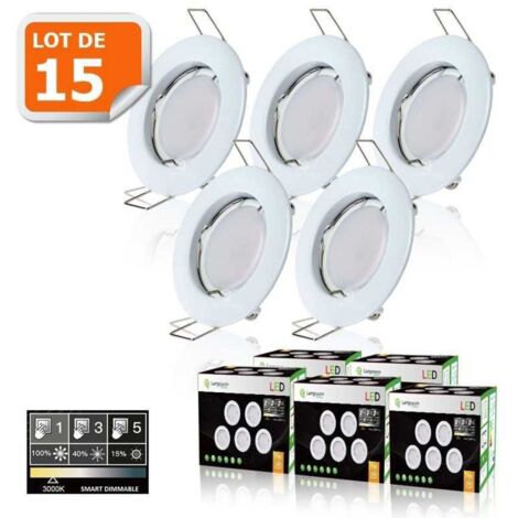 15 Spots led 3-step dimmable sans variateur 7w eq.56w blanc chaud finition blanc