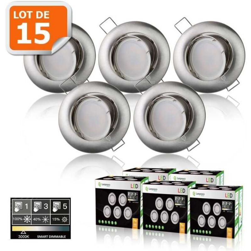 15 Spots led 3-step dimmable sans variateur 7w eq.56w blanc chaud orientable finition alu brossé