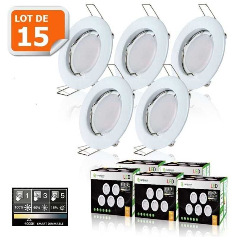 15 Spots led 3-step dimmable sans variateur 7w eq.56w blanc neutre finition blanc