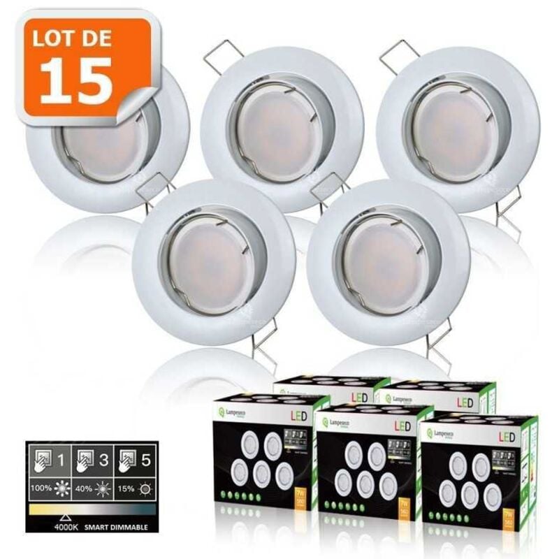 15 Spots led 3-step dimmable sans variateur 7w eq.56w blanc neutre orientable finition blanc