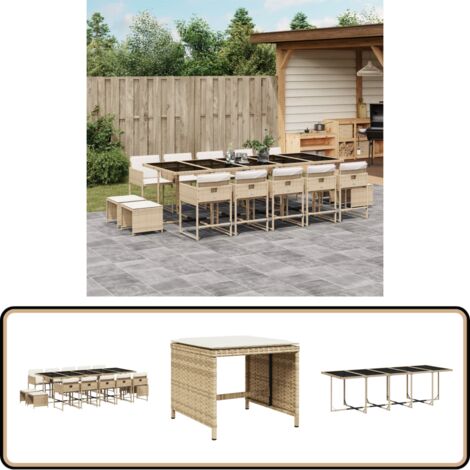 15-tlg. Garten-Essgruppe mit Kissen Beige Poly Rattan - Gartenmöbel Set - Gartentisch - Gartenstühle - Gartenhocker - Rattan Möbel