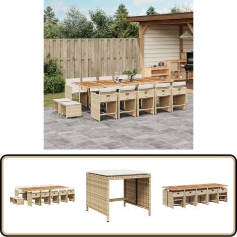 15-tlg. Garten-Essgruppe mit Kissen Beige Poly Rattan - Gartenmöbel Set - Gartentisch - Gartenstühle - Gartenhocker - Rattan Möbel