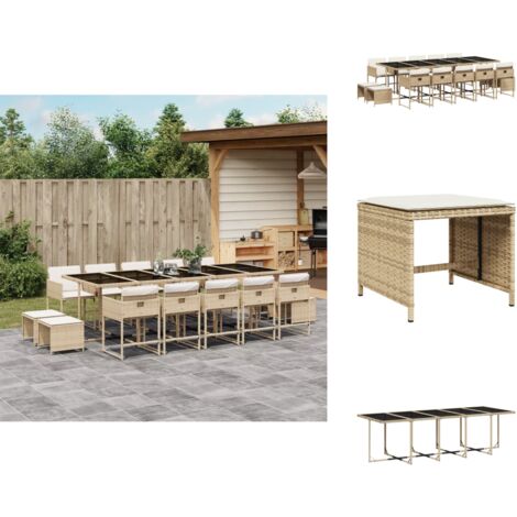 15-tlg. Garten-Essgruppe mit Kissen Beige Poly Rattan - Gartenmöbel Set - Gartentisch - Gartenstühle - Gartenhocker - Rattan Möbel