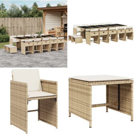 15-tlg. Garten-Essgruppe mit Kissen Beige Poly Rattan - Gartenmöbel Set - Gartentisch - Gartenstühle - Gartenhocker - Rattan Möbel - Home & Living