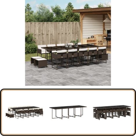 15-tlg. Garten-Essgruppe mit Kissen Braun Poly Rattan - Gartenmöbel Set - Esstisch - Gartenstühle - Gartenhocker - PE-Rattan Möbel