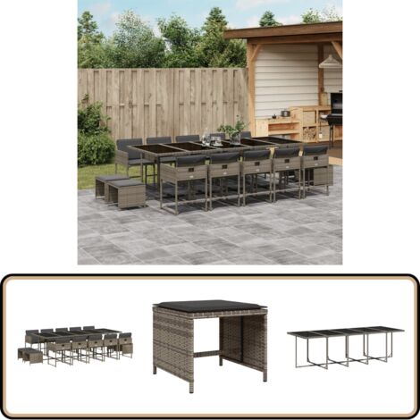 15-tlg. Garten-Essgruppe mit Kissen Grau Poly Rattan - Gartenmöbel Set - Gartentisch - Gartenstühle - Gartenhocker - Rattan Möbel
