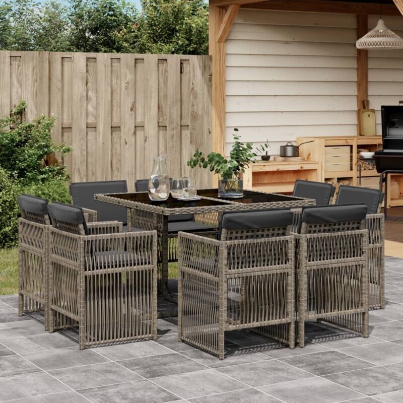 9-tlg. Garten-essgruppe Mit Kissen Grau Poly Rattan Vidaxl