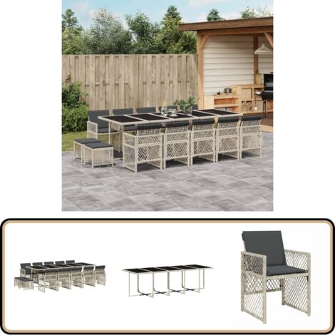 15-tlg. Garten-Essgruppe mit Kissen Hellgrau Poly Rattan - Gartengruppe - Esstisch - Gartenstühle - Gartenhocker - PE-Rattan