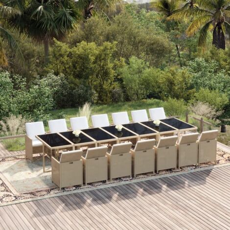 15-tlg. Garten-Essgruppe mit Kissen Poly Rattan Beige