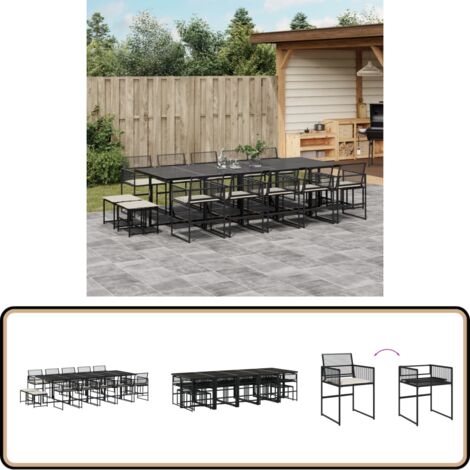 15-tlg. Garten-Essgruppe mit Kissen Schwarz Poly Rattan - Gartengruppe - Gartenmöbelset - Esstisch - Gartenstühle - Gartenhocker