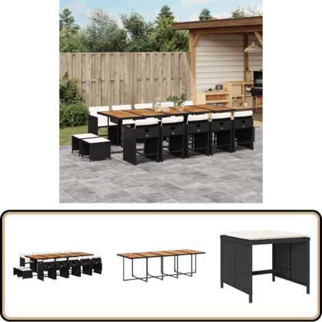 15-tlg. Garten-Essgruppe mit Kissen Schwarz Poly Rattan - Gartenmöbel Set - Gartentisch - Gartenstühle - Gartenhocker - Rattan Möbel