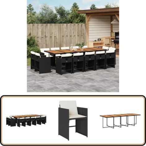 15-tlg. Garten-Essgruppe mit Kissen Schwarz Poly Rattan - Gartensessel - Gartenstühle - Gartenmöbelset - Outdoor Möbel - Terrassenmöbel