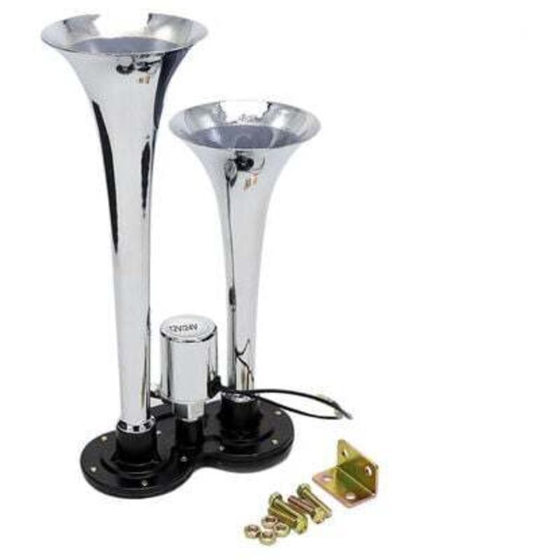 Image of 150 dB Doppeltrompeten-Drucklufthorn, Chrom – Universal-12 V/24 V-Lautsprecher-Kit für Züge und LKW