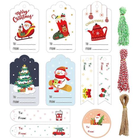 150 étiquettes de Noël en papier, à peindre soi-même, décorées de motifs de dessins animés, avec cordelette et tampon pour emballage cadeau.