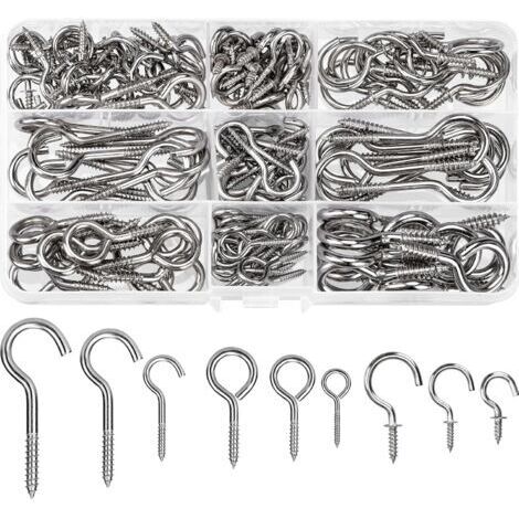 150 ganci a vite in acciaio inox, 9 misure, ganci per lampadari/soffitti, ganci in metallo a vite per lampade, chiavi, tazze da tè e altri ornamenti