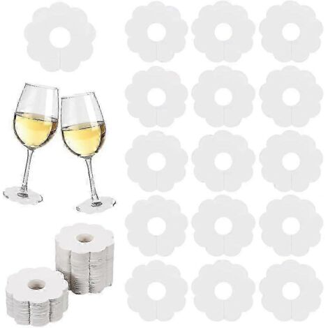 150 marque-verres à vin en papier de 7 cm (2,8 pouces) à motif floral vierge, étiquettes nominatives pour verres à pied, couleur bois/blanc, étiquettes jetables pour verres à vin, breloques pour verre