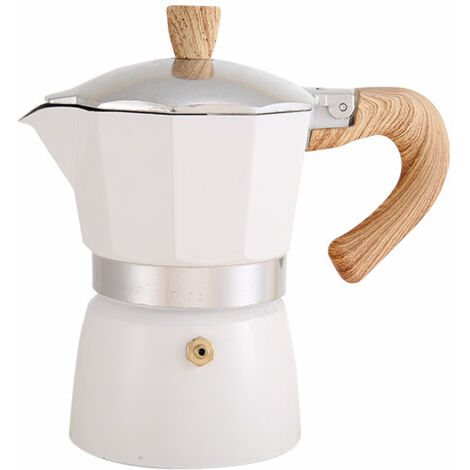150 ml Moka-Kaffeekanne aus Aluminium, Griff in Holzoptik, tragbar für die Kaffeezubereitung im Freien, beigefarbenes Kaffeezubereitungsgerät.