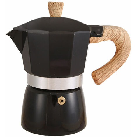 150 ml Moka-Kanne aus mattschwarzem Aluminium mit Griff in Holzoptik, tragbar für Kaffee im Freien