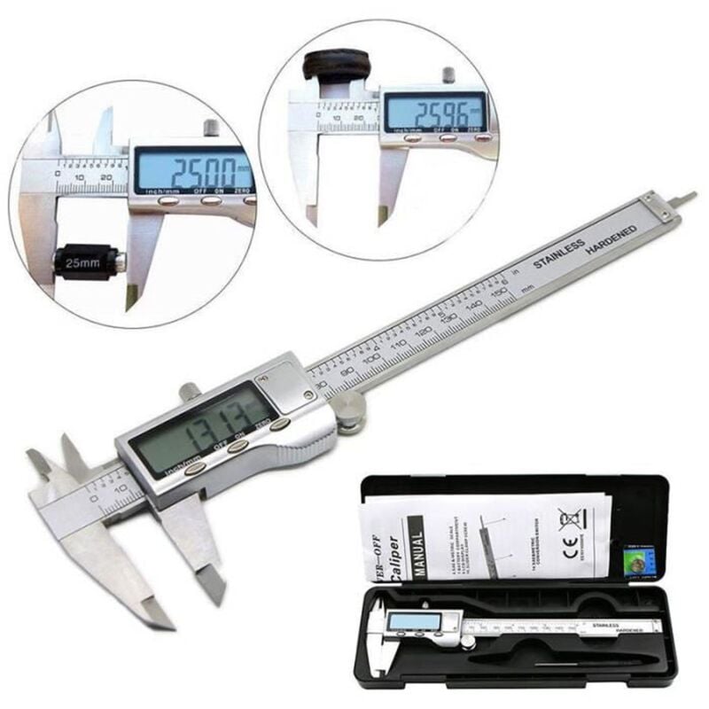 Image of Digitaler Messschieber, 0–150 mm, Edelstahl, silberfarbenes LCD-Display