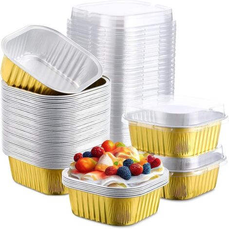 150 moldes cuadrados desechables de aluminio de 280 g con tapa, ideales para pasteles, magdalenas, brownies, pudines y otros postres. Aptos para usar en la cocina y en el congelador. (Dorado)