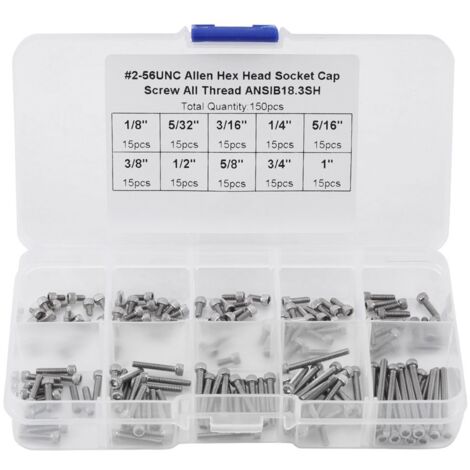 150 PCS 9 Tailles Hex Socket Cap tête vis Assortiment ensemble avec boîte en plastique  2-56 UNC