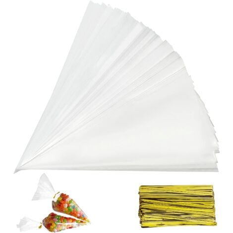 150 PCS Sachets Transparents Bonbons, Sacs à Cône Transparent, Sac de Bonbons en Plastique Biscuit Cadeau Mariage, pour emballer des biscuits gâteau au chocolat confiserie (13 x 25 cm)