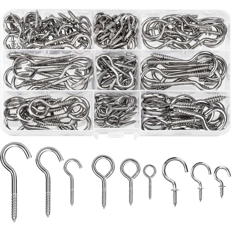 150 Pièce Crochets à Visser Inox 9 Tailles Crochet Lustre Plafond Crochets à Vis en Métal Screw in Hooks pour Lampes Clés Tasses à thé Et Autres