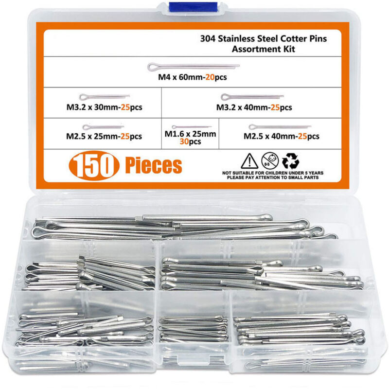 150-Pieces 6 Sizes 304 Stainless Steel Cotter Pin Clip Ultra-Comfortable Head Assortment Kit Mounting for Automotive, Mechanics, Garage, Car Power