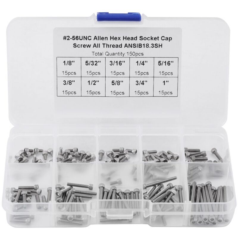 150 pièces 9 tailles 2-56 Kit de vis à tête hexagonale unc avec boîte de rangement en plastique