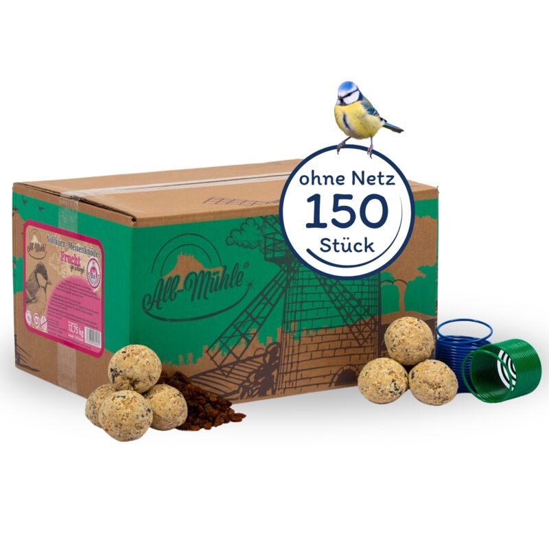 150 pcs. Lyra Pet Boulettes de mésanges du moulin d'Alb sans filet à 85 g incl. distributeur - Céréales complètes & fruits
