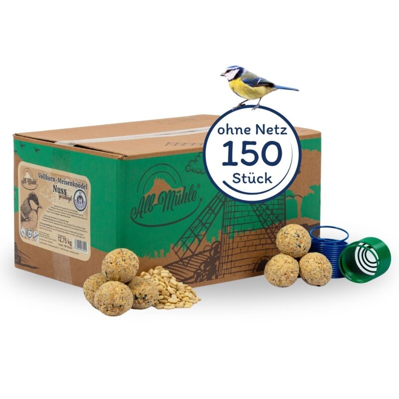 150 pcs. Lyra Pet Boulettes de mésanges du moulin d'Alb sans filet à 85 g incl. distributeur - Céréales complètes & Noix