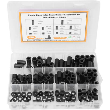 150 Pièces Entretoises Nylon Assortiment Rond Noir pour Vis Matériel de Bricolage Kit