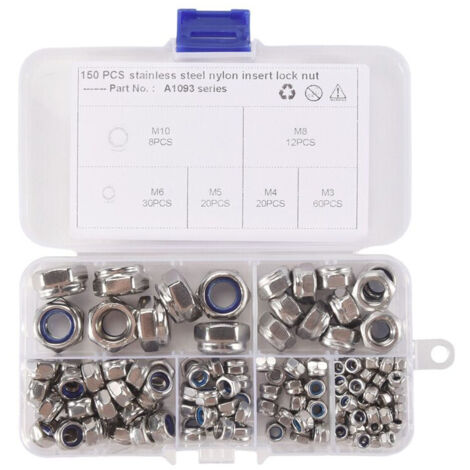 150 pièces kit écrous blocage inox 304 avec insert nylon hexagonaux assortis