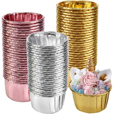 150 Pièces Moules de Cuisson en Papier d'aluminium, Caissettes Cupcakes, Moulle Mini Cupcakes, Tasses de Cuisson, Moules à Muffins Jetables pour Fête de Mariage, Or Argent Or Rose