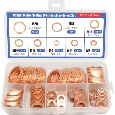150 pièces Rondelles en cuivre massif Assortiment de scellage en boîte Joint de rondelle Joint combiné Attache de quincaillerie (8 tailles)