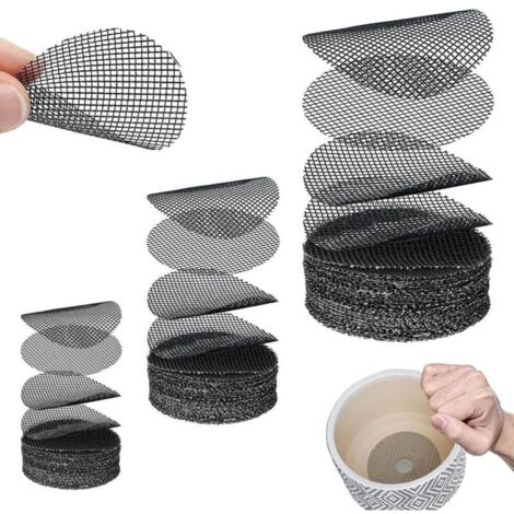 150 Pièces Tampons en Maille pour Pot de Fleur, Grille de Fond d'empotage pour Plantes Ronde Tapis de Pot de Fleur de Jardinage Tapis en Maille pour Prévenir la Perte de Sol (Noir)
