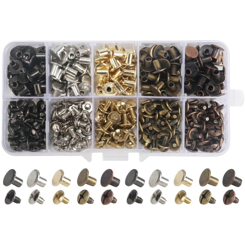 150 Pièces Vis de Reliure Assortiment vis 8mm Rivets en Cuir Set contient 5 couleurs différentes Rivet à Visser Vis à pour Livre, Album Photo,