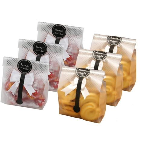 150 sachets à biscuits translucides avec rubans et autocollants pour emballer gâteaux, chocolats, bonbons, biscuits et autres produits de boulangerie.
