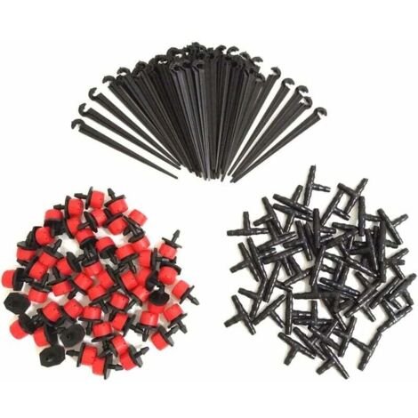 150 Stück einstellbare Bewässerungstropfer + T-Stücke + Tropfrohr-Stützpfahl. DIY-Kit für Mikro-Tropfbewässerungssystem. Kit für automatisches Mikro-Tropfbewässerungssystem.