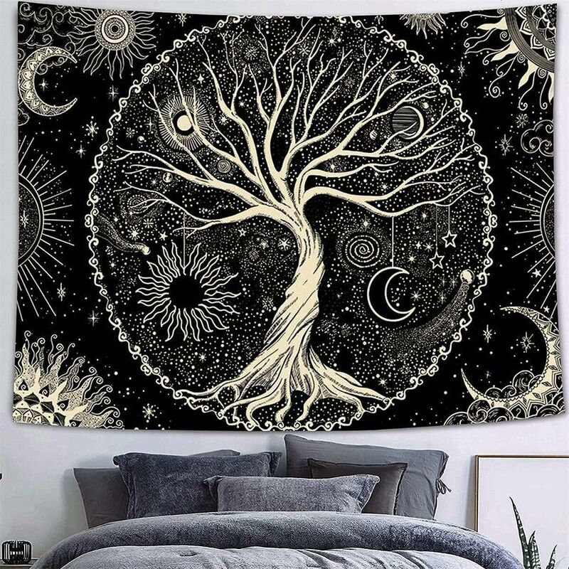 Csparkv - 150 x 130cm)Tapisserie Arbre de vie Tapisserie Arbre de vie Noir Blanc Tapisserie Lune Soleil Décoration murale Tapis psychédélique