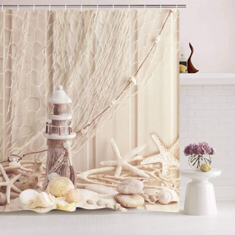 150 x 180 cm beigefarbener Duschvorhang mit Ringen, Muschelmuster – Digitaldruck – Polyester – schimmelresistent