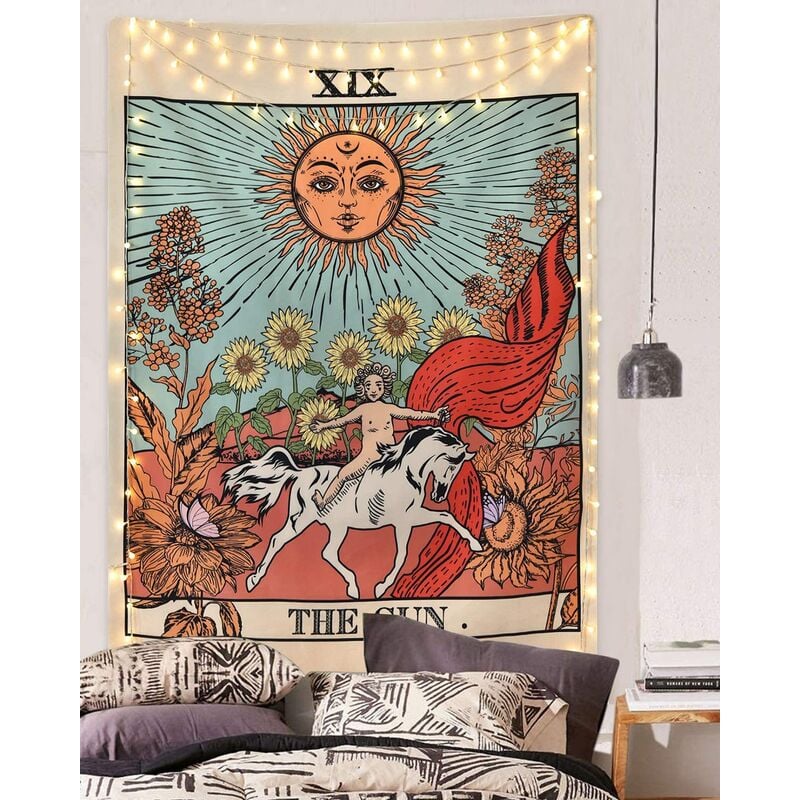 Csparkv - 150 x 200 cm Tapisserie Murale Décorative Chambre - Soleil Nature Fleurs Tarot Horoscope Vintage Rétro - 150 x 200 cm Grand – Papier Peint