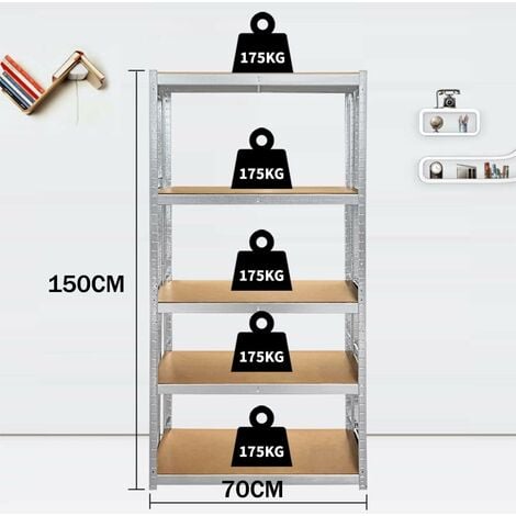150 x 70 x 30cm Garage Shelving Units, Heavy Duty 5 Tier Metal Shelving Storage Racking Utility with MDF Shelves, 875kg Capacity / 175KG Per Shelf, Boltless Assembly - 5 Year Warranty (Galvanised)