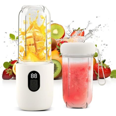 1500 mAh Mixeur portable , presse agrumes électrique portable avec affichage numérique, sans fil, tête de coupe en acier inoxydable à 16 lames Blanc