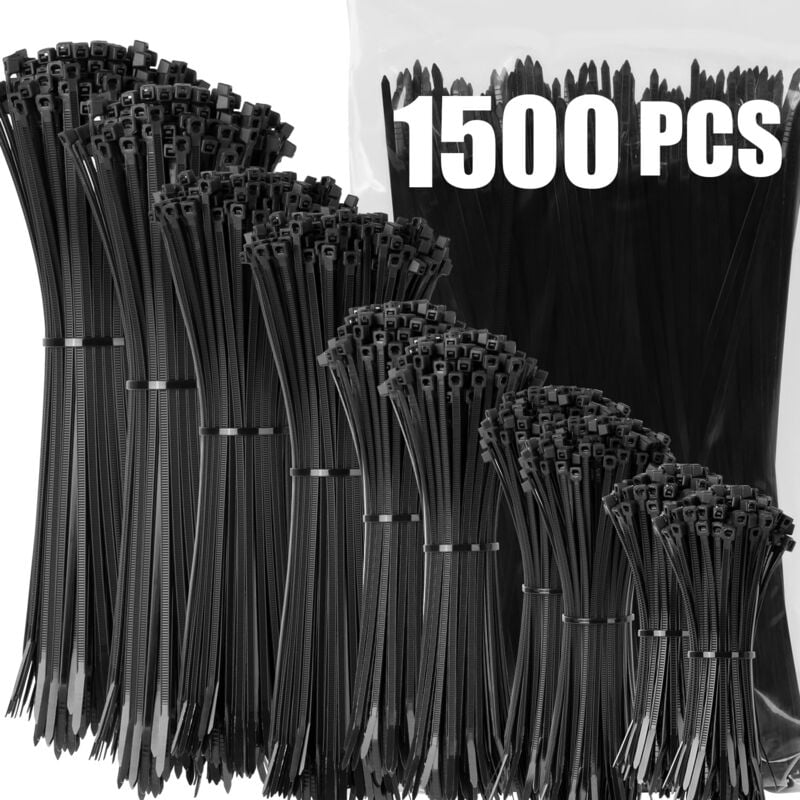 Beijiyi - 1500 Pièces Noir Collier de Serrage Plastique, Colliers de serrage Plastique Professionnelles, 100/150/200/250/300mm de Long Résistant aux