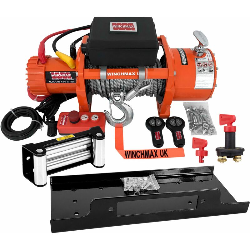 Winchmax - 15,000lb / 6,804kg 12V Winch EN14492 Compliant. With Mounting Plate and Battery Isolator Switch