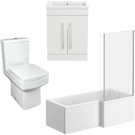 main image of "1500mm Bathroom Suite RH L Shape Bath Screen Toilet Vanity Unit Basin Modern"
