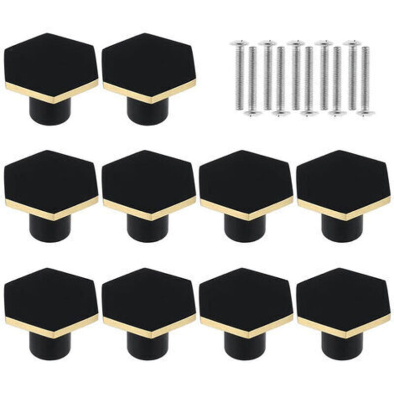 10x Bouton de Tiroir Hexagonal Poignée de Meuble Monotrou Noir avec Vis pour Armoire Commode Porte