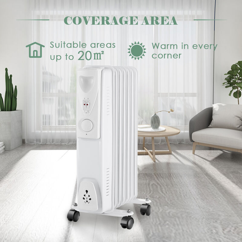 1500W 7 Fin Oil Filled Radiator Portable Electric Heater with Thermostat White