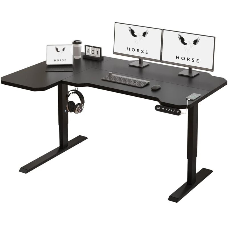 Bureau Assis-Debout Électrique Réglable en Hauteur en Forme de l de 150 cm, Cadre en Acier, Noir